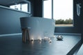 3d rendering of of luxury grey bathroom with free standing bathtub and candle lights
