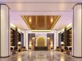 3D Rendering luxury Reception Lobby with gold metal decorate