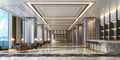 3D Rendering luxury Reception Lobby with gold metal decorate see view Royalty Free Stock Photo