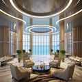 3d rendering luxury reception lobby Hotel sea view