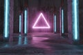 3d rendering of magenta lighten triangle shape next by blue concrete pillars and grunge floor with puddles