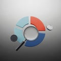 3D Rendering of a Magnifying Glass Over a Colorful Pie Chart with Data Segments and Coins Royalty Free Stock Photo
