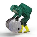 a 3d rendering of a man in an green gas mask and radiation suit holding on a large barrel