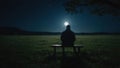 3D rendering of man sitting on a bench under a full moon in a starry night sky Royalty Free Stock Photo
