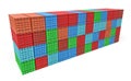 3d rendering of many closed blue, orange, green and red cargo containers stacked on one another isolated on white