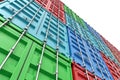 3d rendering of many closed blue, orange, green and red cargo containers stacked on one another on white background. Royalty Free Stock Photo