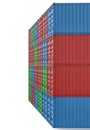 3d rendering of many closed blue, orange, green and red cargo containers stacked on one another on white background. Royalty Free Stock Photo