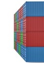 3d rendering of many closed blue, orange, green and red cargo containers stacked on one another on white background. Royalty Free Stock Photo