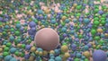 3D rendering of many colored spheres of different sizes located in the plane and forming an abstract background. A large pink