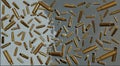 3D rendering. Many empty used cartridge cases on a gray background. Background for website, poster or flyer.