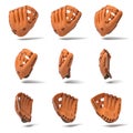 3d rendering of many orange leather baseball gloves in different angles of view on a white background.