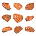 3d rendering of many orange leather baseball gloves flying in different angles of view on a white background.