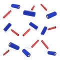 3d rendering of a many paint rollers in different angles hanging on a white background.