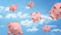 3d rendering of a many pink piggy banks flying freely on the blue cloudy sky background.