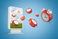 3d rendering of many red alarm clocks flying out from information display screen on gradient blue background.