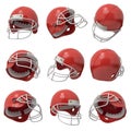 3d rendering of many red American football helmets flying in several positions on a white background.