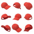 3d rendering of many red baseball caps hanging on a white background in different angles. Royalty Free Stock Photo