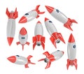 3d rendering of many vintage looking space rockets placed randomly on a white background. Royalty Free Stock Photo