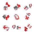 3d rendering of many white gift boxes with open cover and a red bow flying on white background. Royalty Free Stock Photo