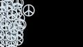 3D rendering of many white peace symbols on a dark background, international peace icons for anti-war or nuclear disarmament