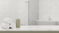 3D rendering, marble counter in modern bath room with white towels, soap bottle and copy space