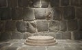 3D rendering of a marble podium under the limelight against a stone wall