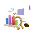 3d rendering marketing research with chart and a magnifying glass icon. 3d render magnifying glass documents chart icon