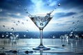 3D rendering of the martini glass with water drops. Water background Royalty Free Stock Photo