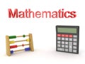 3D Rendering of mathematics text with abacus and calculator below