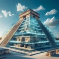 A 3D rendering of the Mayan pyramid of Kukulkan encased in a transparent glass structure and modern architecture. Royalty Free Stock Photo