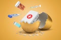 3d rendering of medical bag, jar of pills, syringe, thermometer and vial hatching out from golden egg.