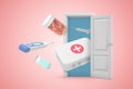 3d rendering of medical bag, syringe, jar of pills, thermometer and vial, flying from white door on pink background. Royalty Free Stock Photo