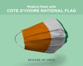 3D rendering of a medical mask with Cote D'Ivoire National Flag on a green background