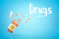 3d rendering of medical pills falling from a plastic jar with smiley face on it and DRUGS sign on blue background