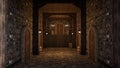 3D rendering of a medieval castle or inn corridor with stone walls, floor and steps leading to wooden door Royalty Free Stock Photo