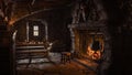 3D rendering of a medieval tavern inn bar with large open fireplace and cooking pot on the fire Royalty Free Stock Photo