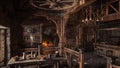 3D rendering of a medieval tavern inn interior with a table of food and drink, lit by daylight from a window, and an open