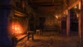 3D rendering of a medieval tavern interior lit by candlelight and burning fire