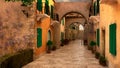 3D rendering of a Mediterranean style street with colourfully painted buildings and window shutters