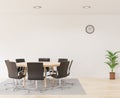 3D rendering meeting room with chairs , round wooden table, white room, carpet and little tree