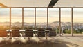 Illustration of meeting room nobody with city view at sunset