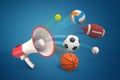 3d rendering of a megaphone and different sports balls on blue background.