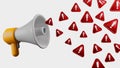 3D rendering of megaphone with exclamation sign for announce problem, fail notice, attention, warning on white background, Royalty Free Stock Photo