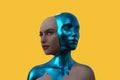 3D rendering. Merging two female heads on a yellow background.