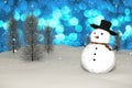 3D Rendering : merry christmas snow man doll on perspective snowscape sparkling bokeh wall light and christmas tree in background