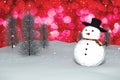 3D Rendering : merry christmas snow man doll on perspective snowscape sparkling bokeh wall light and christmas tree in background