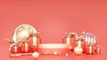3d rendering Merry New Year and Merry Christmas 2023 RED gift boxes with golden bows and gold candy and decoration ball and Gold