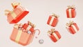 3d rendering Merry New Year and Merry Christmas 2023 RED gift boxes with golden bows and gold and Pink Open gift box.candy and