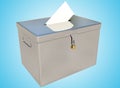 3D rendering metal ballot boxes and vote card on a blue gradient