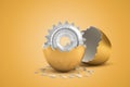 3d rendering of metal cogwheel that just hatched out from golden egg.